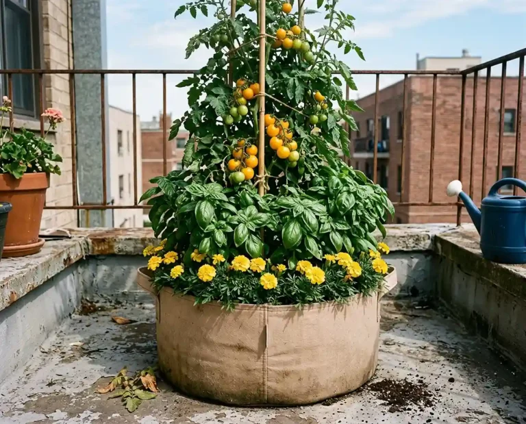 A fabric pot with a staked cherry tomato, basil filling the base and marigolds ringing the rim in one container