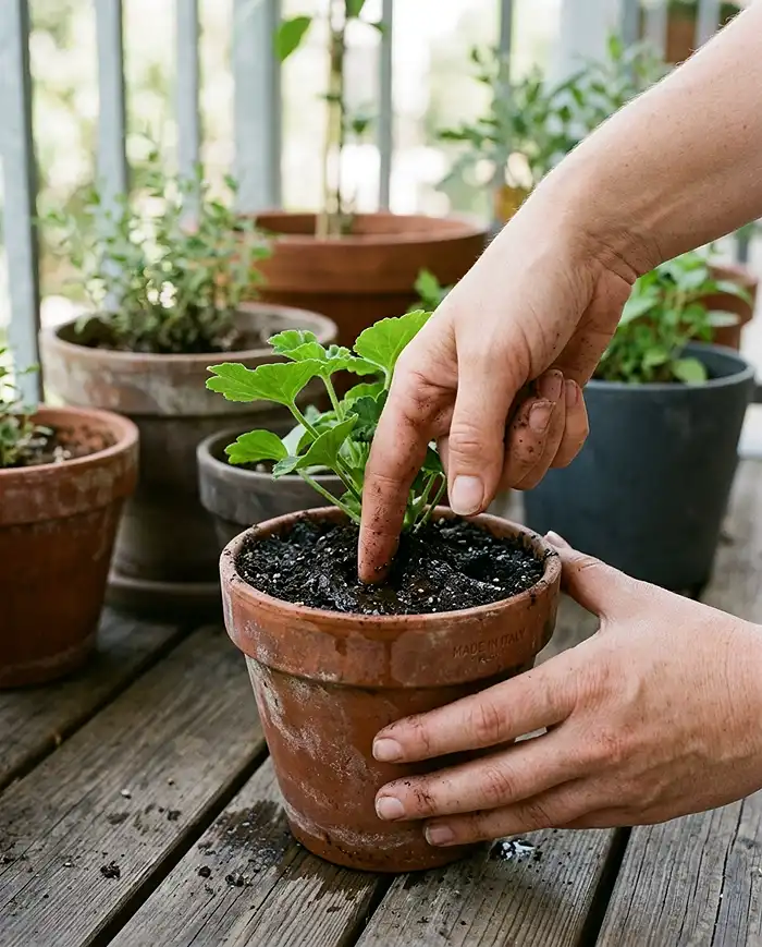 A finger pushed an inch into the soil of a small terracotta pot to check moisture among a group of pots