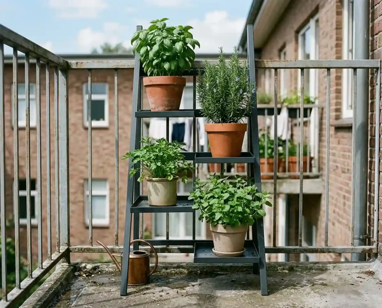 A five-foot leaning ladder planter with staggered pots of basil, rosemary, parsley and mint on a small balcony