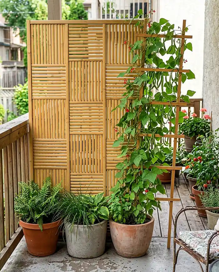 Renter Friendly Patio Garden Ideas 3 A freestanding bamboo screen and ladder trellis adding no-drill privacy to a rental patio