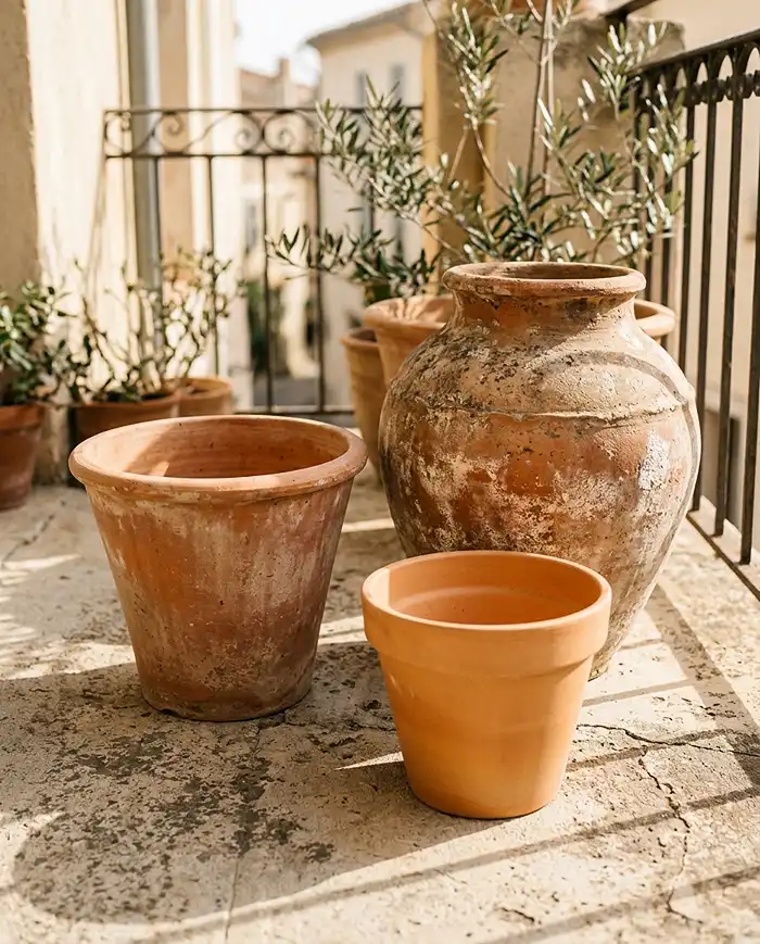A grouping of different-sized terracotta pots showing natural weathered patina