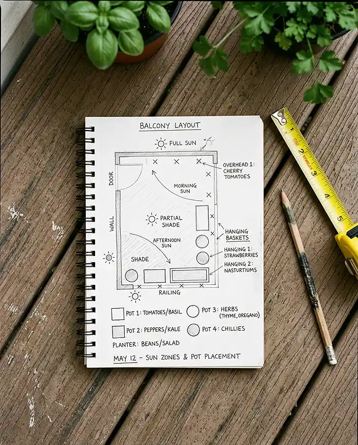 Edible Balcony Garden Tips 1 A hand-drawn balcony floor plan sketch with sun zones and pot placements marked in a notebook
