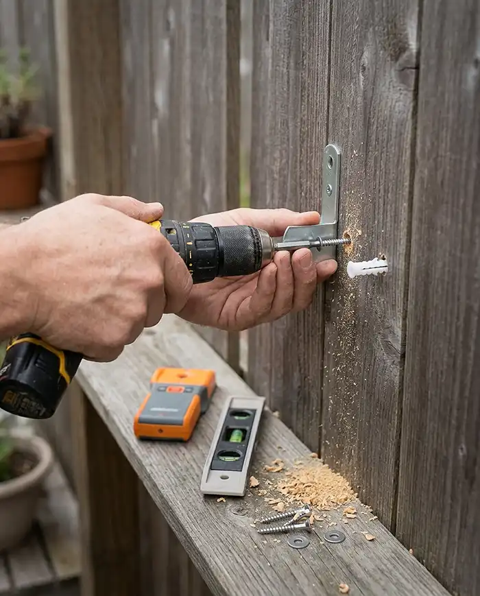 A hand drilling a screw and anchor into a fence to mount a planter bracket, with a stud finder and level nearby