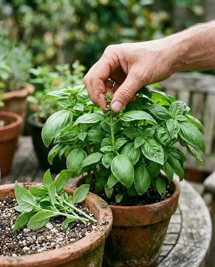 A hand pinching the tip off a basil plant in a pot to keep it bushy, with pinched sprigs resting nearby
