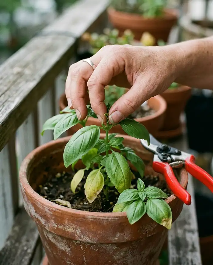 A hand pinching the top leaves off a basil stem during a weekly trim, with pruners resting on the pot edge