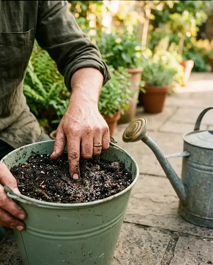5 Gallon Bucket Garden Ideas 5 A hand pressing a finger into potting soil in a sage-green painted planter bucket to check moisture level, with a long-spout watering can nearby.