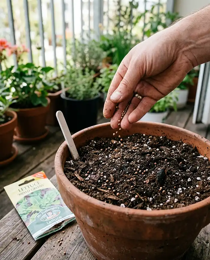 A hand thinly scattering lettuce seeds over fresh dark potting mix in a pot with a seed packet and label nearby