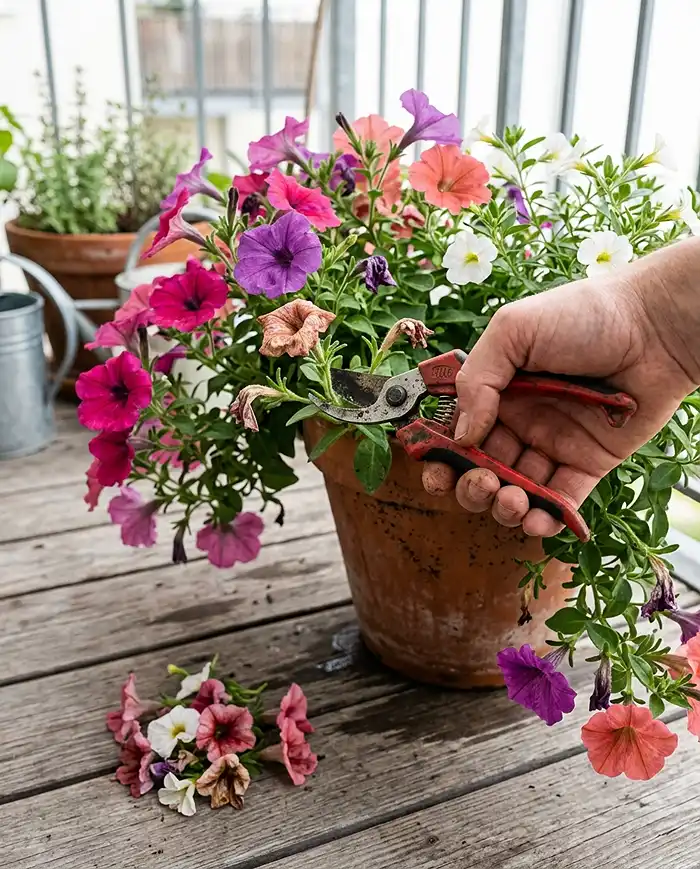 A hand using pruners to deadhead a spent petunia at the leaf node among healthy trailing blooms in a pot