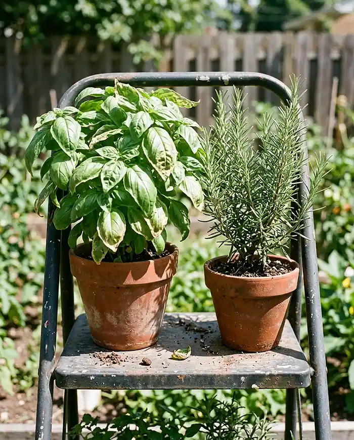 A ladder's sunny top shelf with bushy Genovese basil and Tuscan Blue rosemary in bright direct light