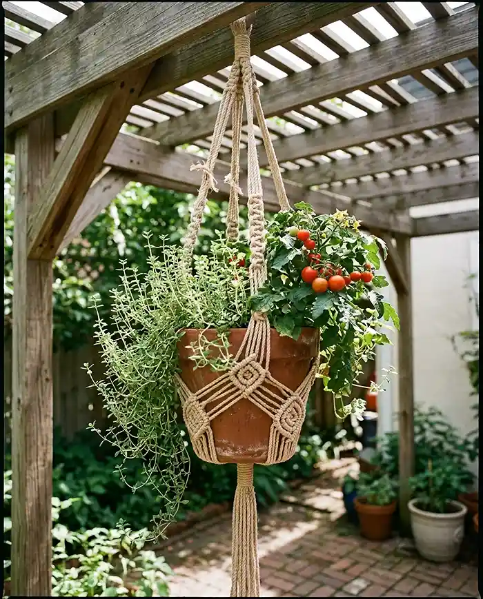 A macrame planter hung from a pergola beam with trailing thyme and a cherry tomato spilling over the sides