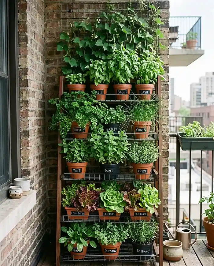 Edible Balcony Garden Tips 2 A multi-tier vertical shelf and wall trellis creating layers in a small balcony garden