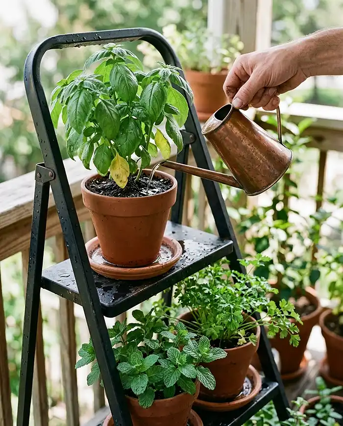 A narrow-spout can watering the top pot of a herb ladder with a saucer catching drips above the lower shelves