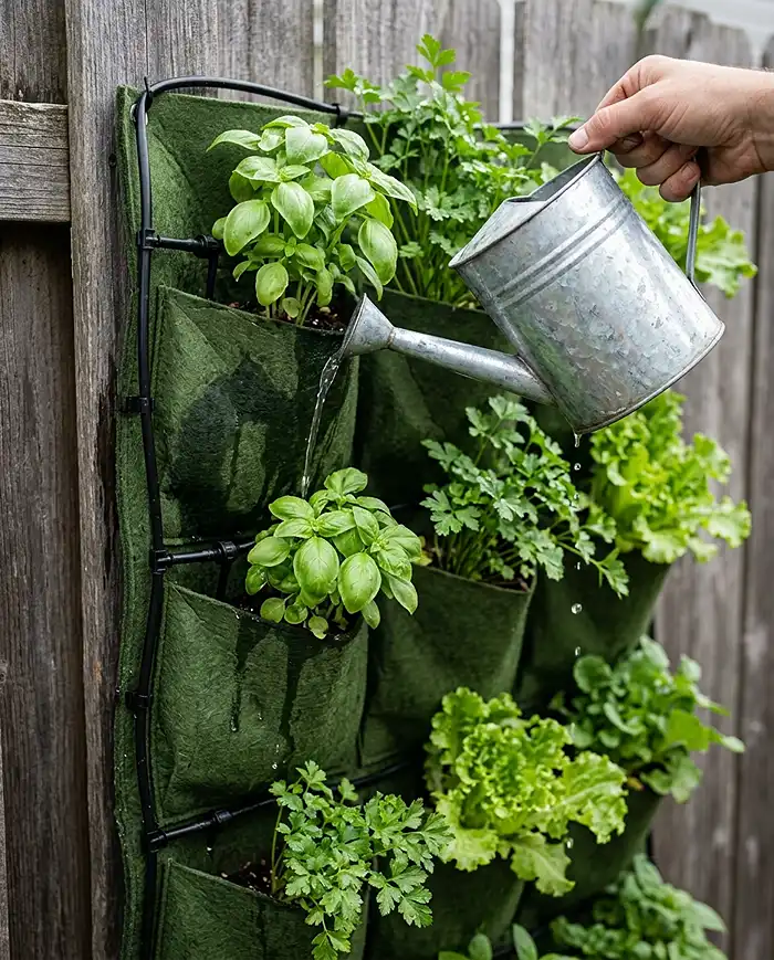 A narrow-spout can watering the top row of a felt pocket wall garden fitted with a thin drip emitter lineA narrow-spout can watering the top row of a felt pocket wall garden fitted with a thin drip emitter line