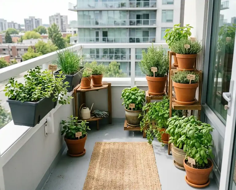 A neatly arranged balcony herb garden with potted herbs grouped on stands and railings