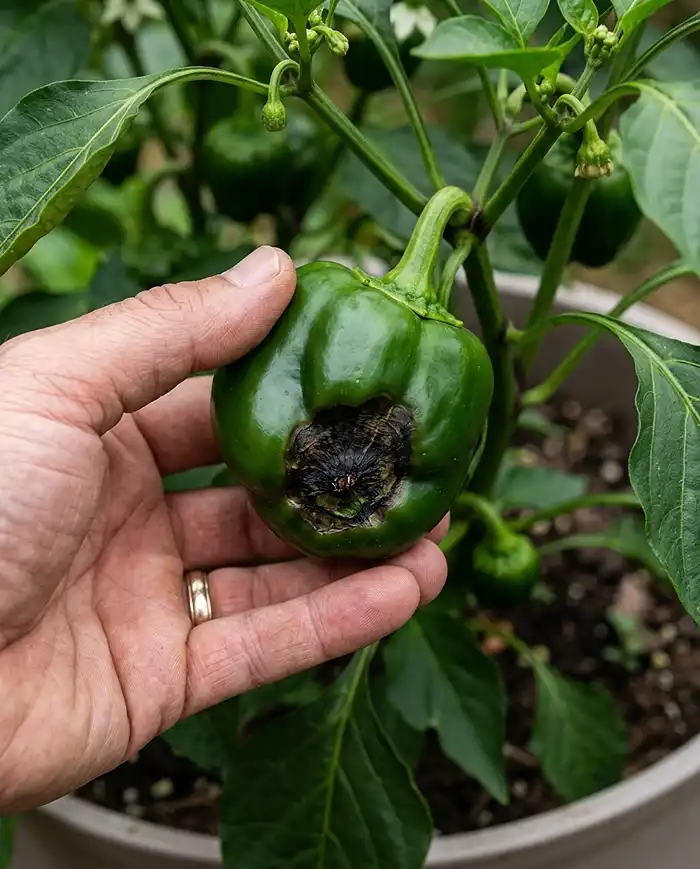 A pepper fruit showing the dark sunken patch of blossom end rot caused by inconsistent watering