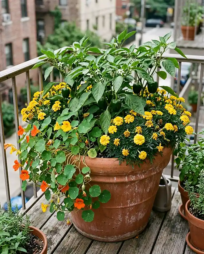 A pepper pot ringed with golden marigolds and trailing nasturtium flowers spilling over the edge for pest control