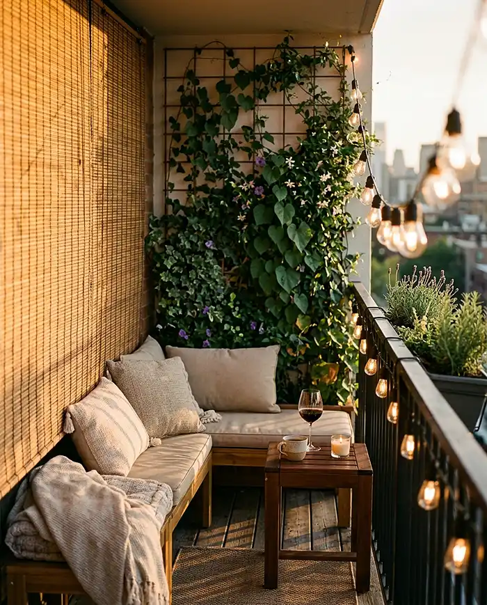 A private cozy balcony with a bamboo screen, climbing plants, and warm string lights