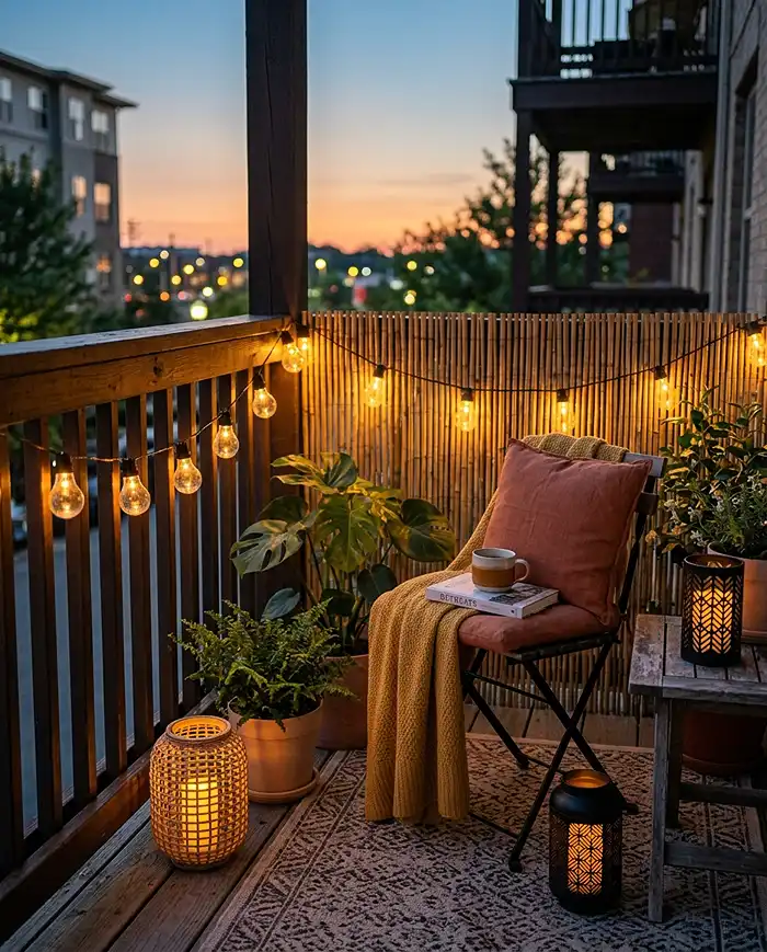 Renter Friendly Patio Garden Ideas 5 A rental patio glowing with solar string lights and lanterns for evening ambiance. renter friendly patio garden ideas