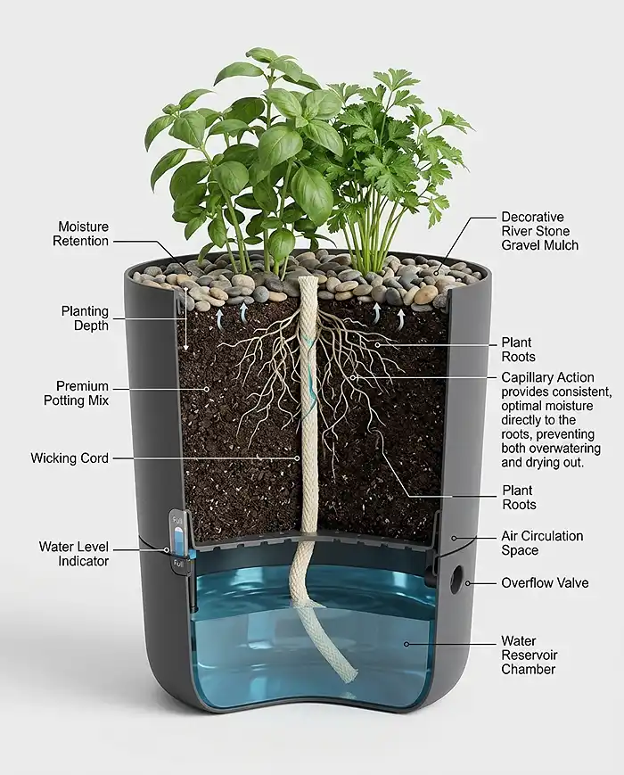 Low Maintenance Balcony Plants for Busy Gardeners 5 A self-watering balcony planter with a water reservoir and gravel-mulched soil reducing watering frequency.
