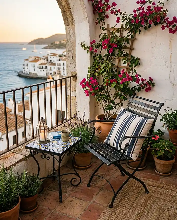 A small Mediterranean balcony seating nook with terracotta pots and warm décor
