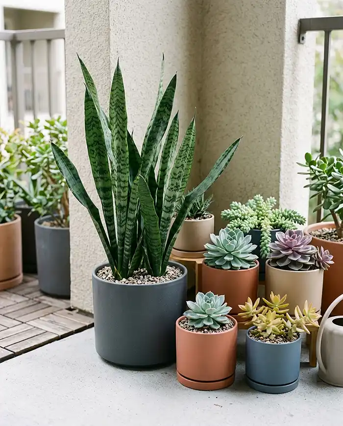 Low Maintenance Balcony Plants for Busy Gardeners 3 A snake plant alongside sedum and echeveria succulents in containers on a shaded balcony corner.