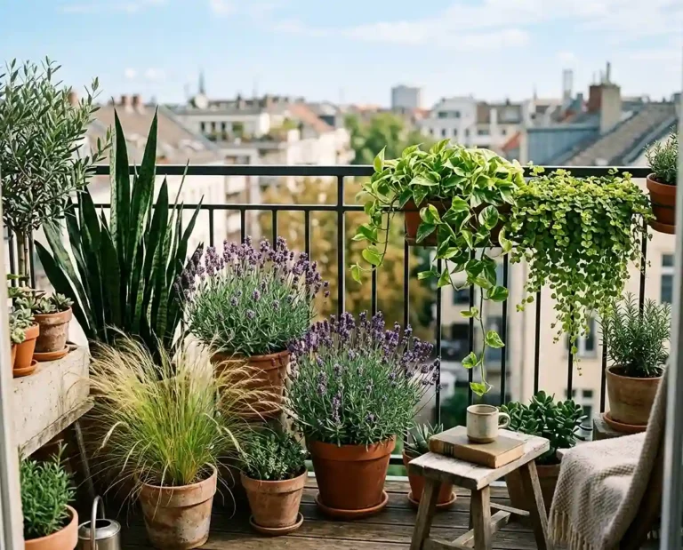A sunlit apartment balcony filled with low-maintenance potted plants including lavender, snake plant, and ornamental grasses.