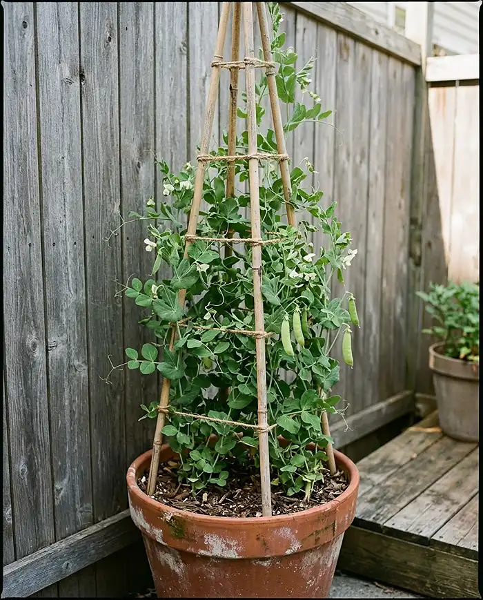 A tall trellis obelisk in a pot with sugar snap peas climbing it in a small patio corner