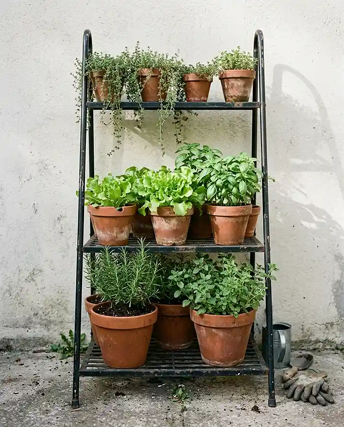 A three-tier metal plant stand with trailing thyme on top and lettuce and basil below against a patio wall