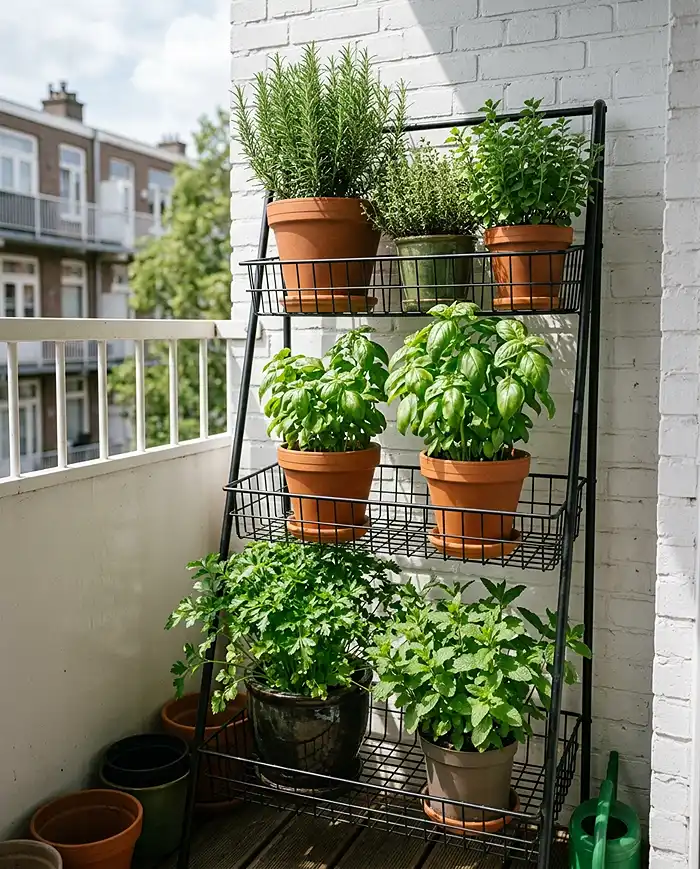 Smart Herb Garden Layout for Balcony 4 A tiered plant stand holding herbs by light needs to save floor space on a balcony