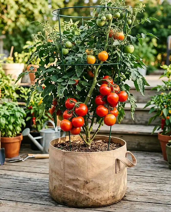 Best Pot Size Guide for Vegetables 4 A tomato plant thriving in a large 10-gallon fabric grow bag with a support cage