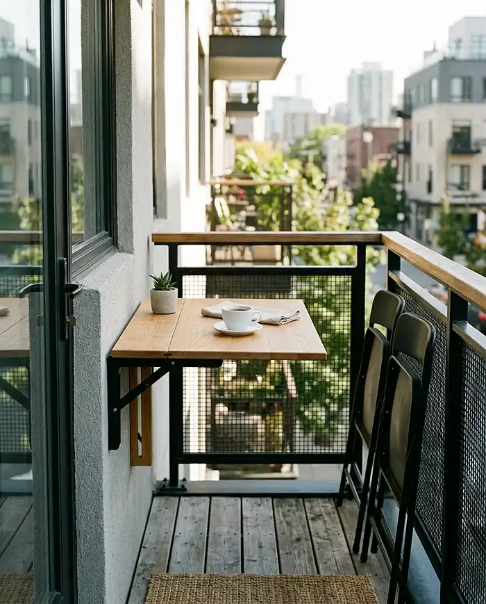 A wall-mounted drop-leaf table and folding chairs saving floor space on a tiny balcony