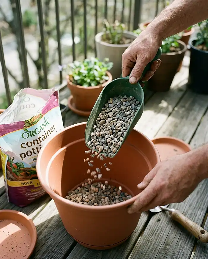 Adding a gravel ballast layer to the bottom of a lightweight pot for stability and drainage