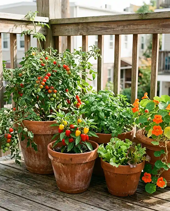 An edible five-pot grouping with a tomato, peppers, basil-parsley combo, lettuce and trailing nasturtiums
