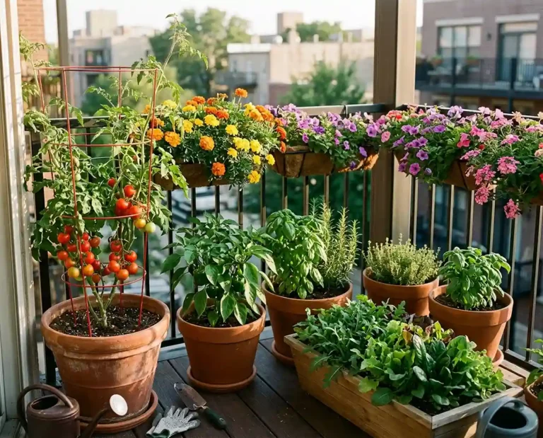 An eight-container balcony garden with vegetables, herbs, and flowers