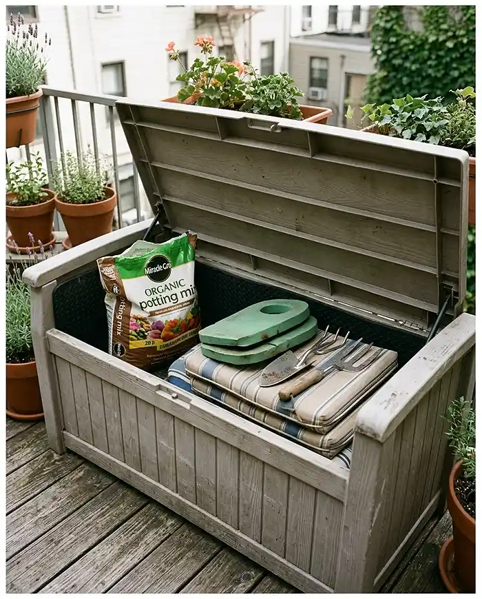 An open balcony storage bench revealing a bag of potting mix, tools, knee pads and cushions packed inside
