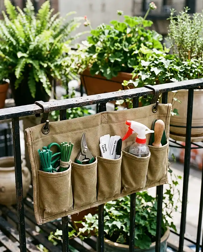 An over-rail fabric caddy on a balcony railing holding plant ties, scissors, labels and a spray bottle
