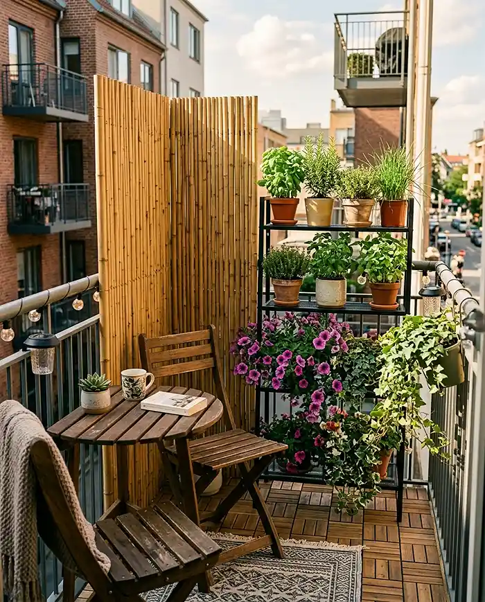 Balcony Garden Ideas for Apartments 3 Apartment balcony garden ideas showing zoned layout with privacy screen, plant stand, and compact bistro seating