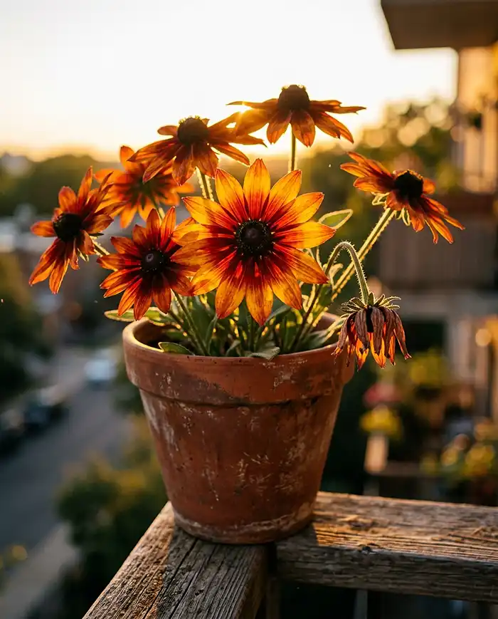 Apartment balcony garden ideas shown as russet rudbeckia blooms backlit and glowing in golden-hour sunset light