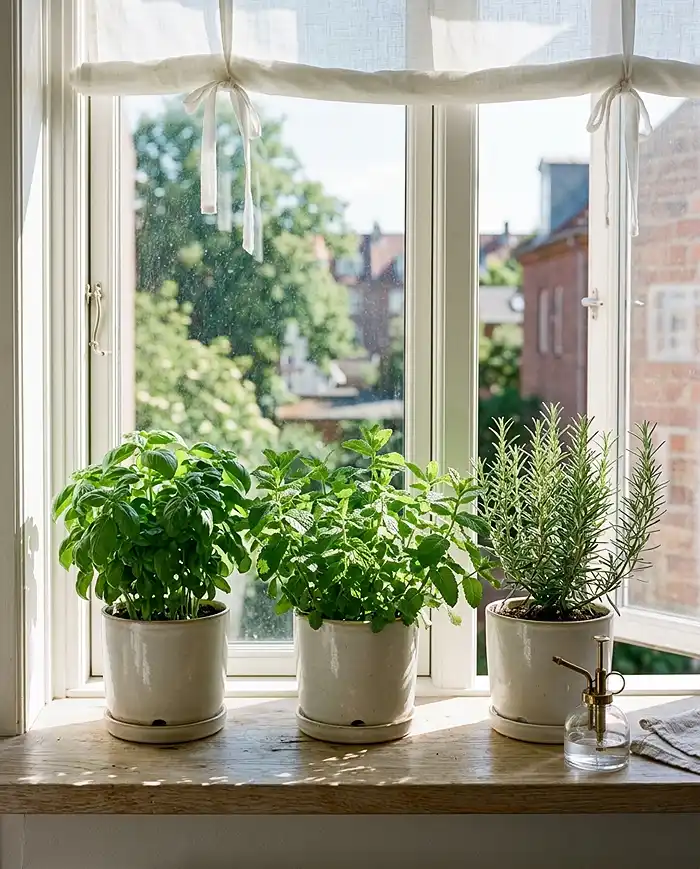 Apartment Herb Garden Aesthetic for Summer 3 Apartment herb garden thriving on a sunny windowsill with basil, mint, and rosemary in matching ceramic pots.