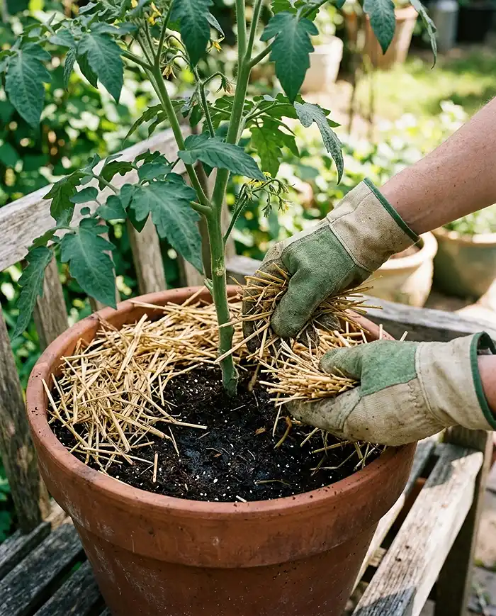 Best Mulch for Pots in Hot Weather 5 Applying a one to two inch layer of straw mulch around a potted plant stem