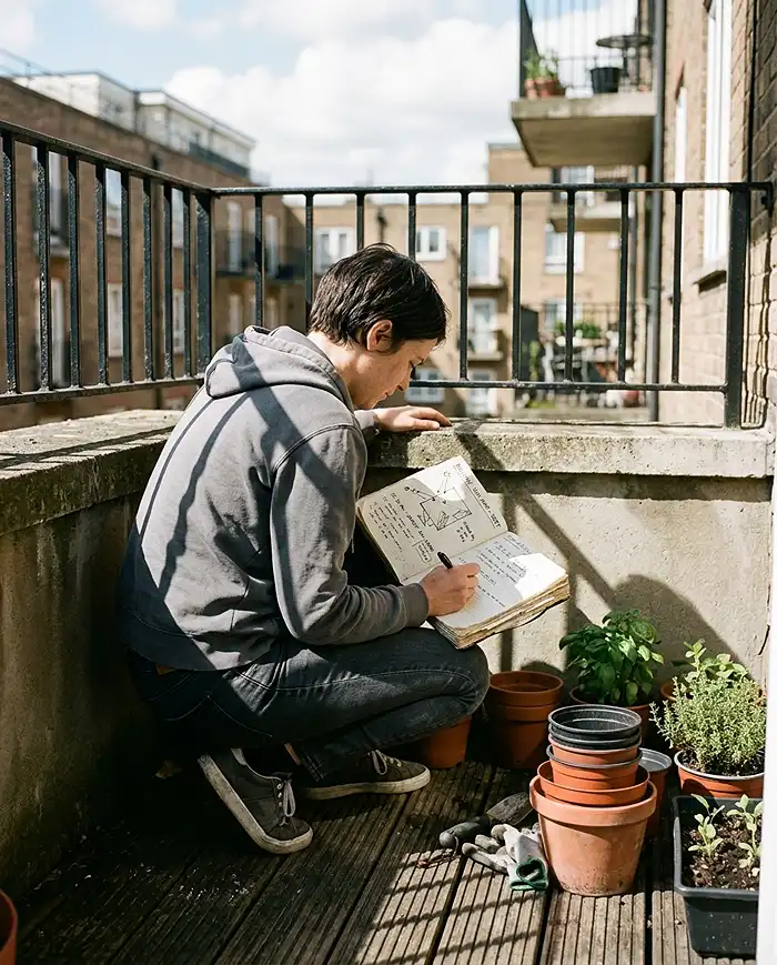 10 Small Space Gardening Ideas 2 Assessing sunlight and space on a small balcony before planting a summer garden