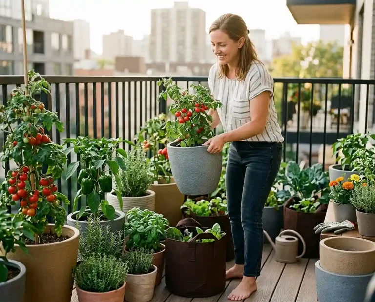 Assorted lightweight pots holding vegetables and herbs on a sunny balcony