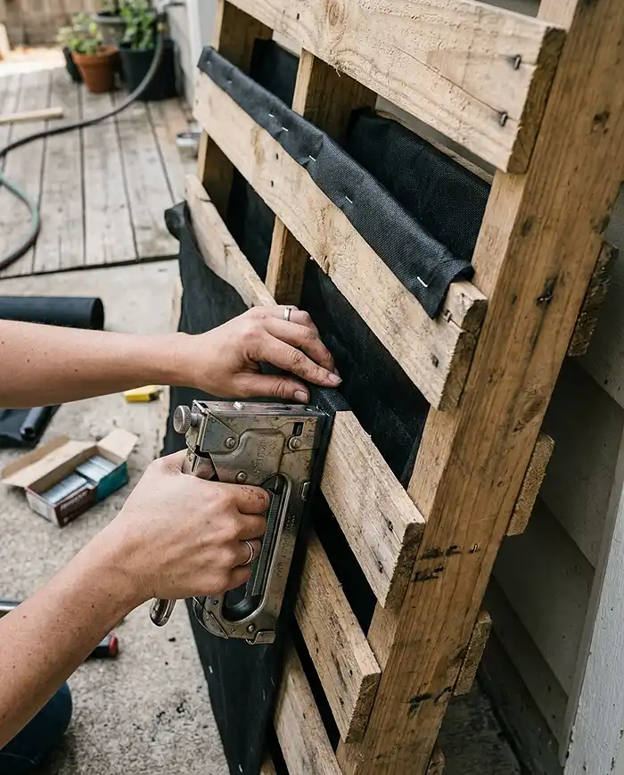 DIY Pallet Garden for a Balcony 3 Attaching landscape fabric to a wooden pallet for a vertical planter