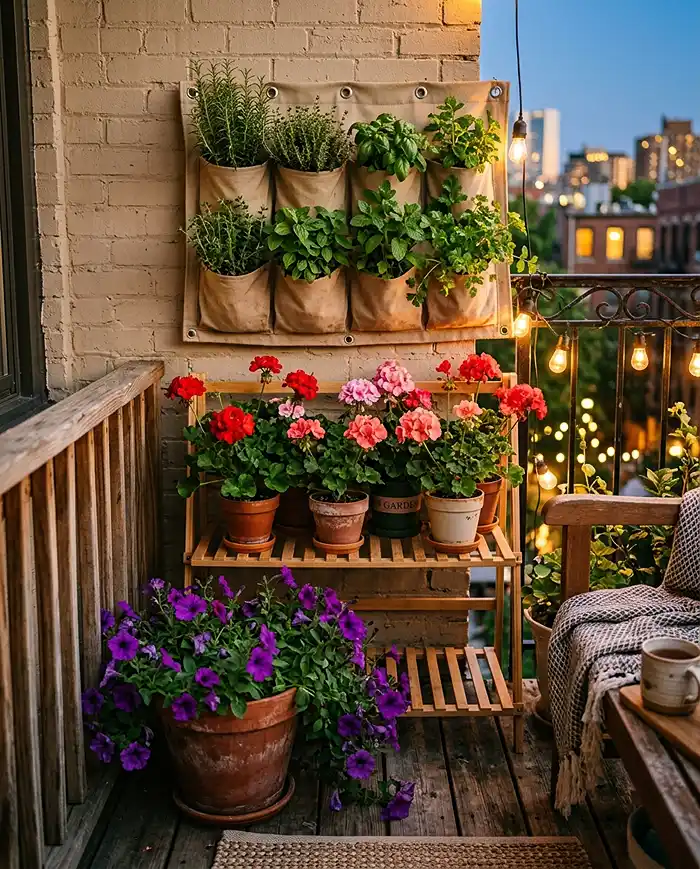 Balcony corner showing vertical layering with wall pocket planters, a plant shelf, and trailing flowers at ground level