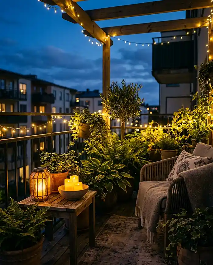 Balcony Garden Ideas for Apartments 5 Balcony garden at dusk with warm string lights, solar lantern, and LED candles creating a cozy evening atmosphere