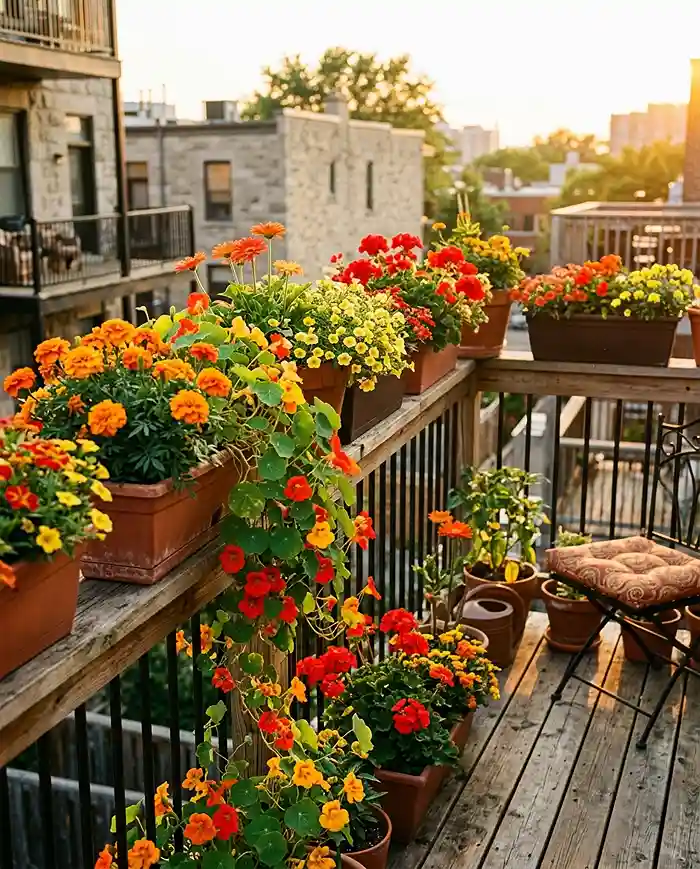 Balcony garden ideas using a warm sunset palette of orange, yellow, and red blooms