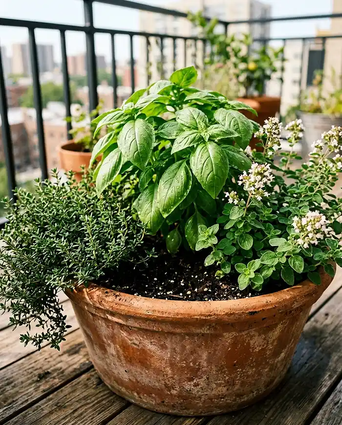 Balcony Garden Ideas With Herbs and Flowers 3 Balcony garden ideas with herbs and flowers shown in one pot of basil, thyme, and oregano