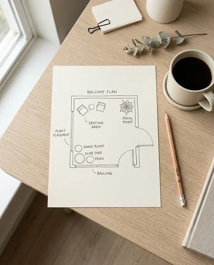Balcony layout planning sketch for a minimalist garden with structured zones and focal point design