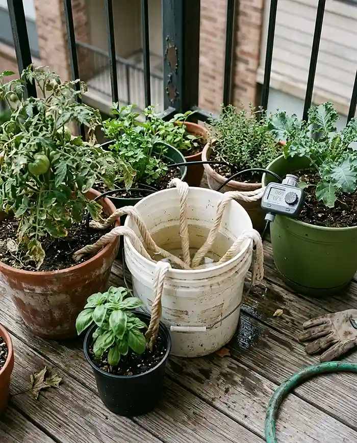 Balcony pots clustered in shade with a bucket of wicks and a battery drip timer set up before vacation
