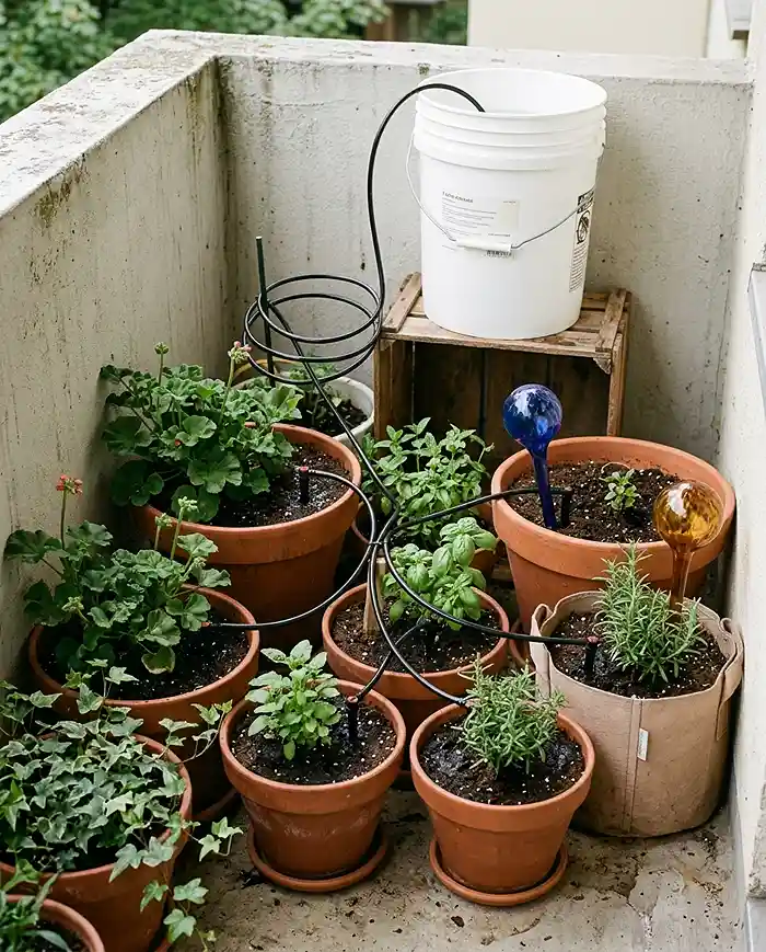 Balcony pots clustered out of sun with a gravity drip kit from a bucket and watering globes set up before time away